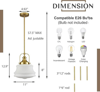 DEYNITE Nautical Gold Pendant Light Fixtures Milk White Glass Schoolhouse Hanging Adjustable Light for Kitchen Bedroom Dining Bathroom