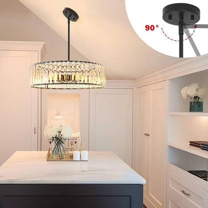Modern Crystal Chandelier, 6-light Dinning Room Light Fixture, Round Pendant Light Kitchen Island, Black Hallway Light Fixture, Semi Flush Mount Ceiling for Living Room Entryway Bedroom Foyer, E26