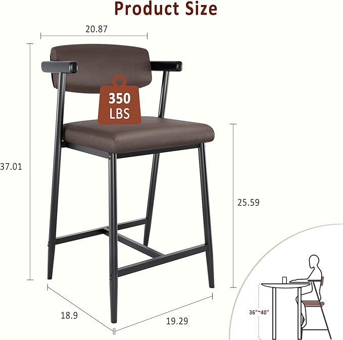 GarveeHome Counter Height Bar Stools of 4 with Armrests, 4 Piece Counter Height Bar Stools Set with Back, Upholstered Seat & Metal Footrest for Kitchen Islands, Counter Bars, Retro Brown