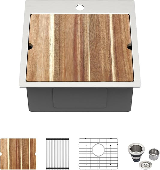 Kichae Drop In Bar Sink- 18 x 18 x 9 Inch Small Overmount Topmount Stainless Steel RV Sink Single Bowl Workstation Wet Bar Prep Kitchen Sinks Patio Handmade Basin with Cutting Board & Rack