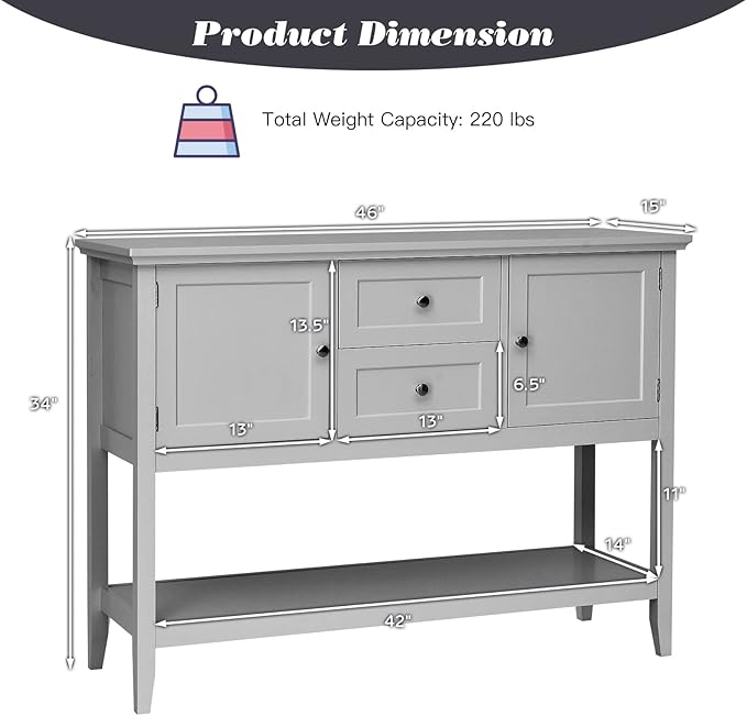 Byroce Farmhouse Coffee Bar Cabinet, Wood Kitchen Island with 2 Cabinets, Storage Drawers & Open Shelf, Buffet Sideboard Console Table for Home Living Room, Kitchen, Dining Room (Grey)