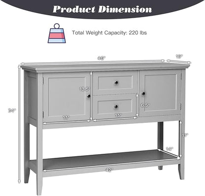Byroce Farmhouse Coffee Bar Cabinet, Wood Kitchen Island with 2 Cabinets, Storage Drawers & Open Shelf, Buffet Sideboard Console Table for Home Living Room, Kitchen, Dining Room (Grey)