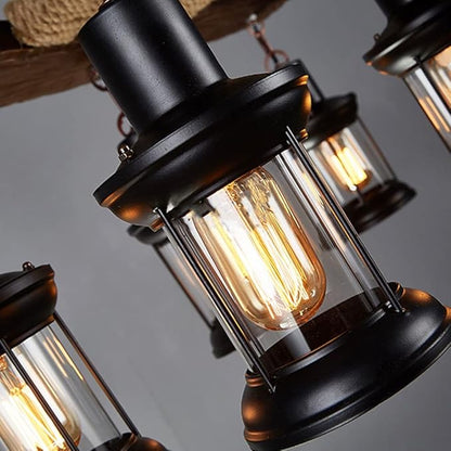 A Million Retro Farmhouse Wood Chandelier, 8-Light Industrial Chandelier Light Fixture with Seeded Glass Shades, 38" Rectangle Pendant Chandeliers for Dining Room, Kitchen Island