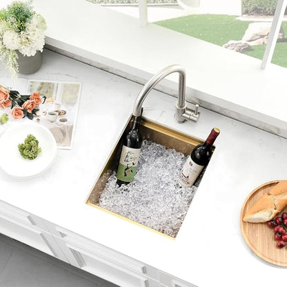 Brass Bar Sink Undermount, 15 x 17 Inch Small Wet Bar Prep Sink 16 Gauge SUS304 Stainless Steel Outdoor RV Single Bowl Basin