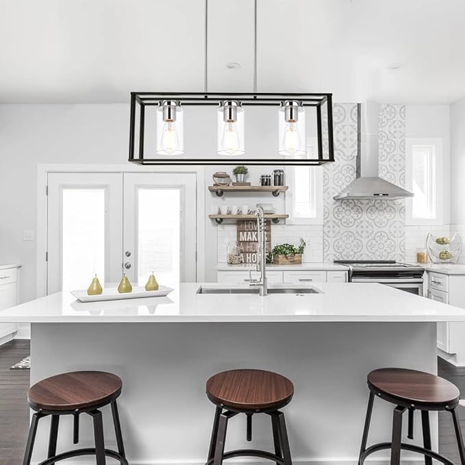 VINLUZ 3 Light Black and Chrome Finish Kitchen Island Light,Adjustable Hanging Pendant Lighting with Clear Glass Shades Rectangular Dining Room Chandeliers Adjustable Height