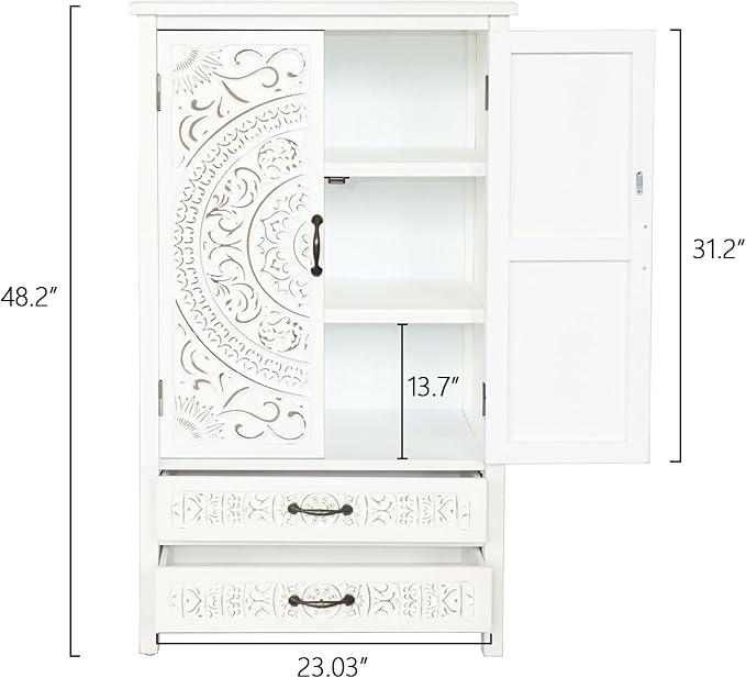 KEIKI 48'' French Country Sideboard Cabinet with Storage,Carved Doors & 2 Drawer,3 Compartments,Vintage Farmhouse Pantry Credenza for Kitchen,Living Room,Dining Room,Entryway,White
