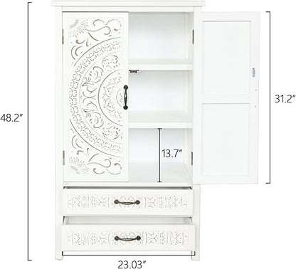 KEIKI 48'' French Country Sideboard Cabinet with Storage,Carved Doors & 2 Drawer,3 Compartments,Vintage Farmhouse Pantry Credenza for Kitchen,Living Room,Dining Room,Entryway,White