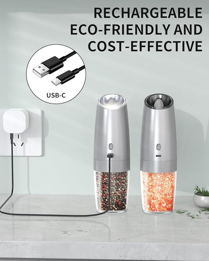 CIRCLE JOY Gravity Electric Salt and Pepper Grinder Set with 2-Speed, Rechargeable Salt and Pepper Grinder Set, Adjustable Coarseness, Whiet LED Light