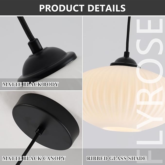 Large Milk Glass Pendant Lights Mid Century Modern Globe Pendant Lighting Black Industrial Pendant Lights Kitchen Island Vintage Ribbed Glass Ceiling Light (2 Pack)