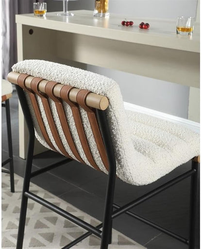 Lilola Home Lahni 18" W White Boucle Fabric Counter Height Chair – Contemporary Upholstered Bar Stool with Cognac PU Leather Detail and Fully Assembled Design for Kitchen Dining Room