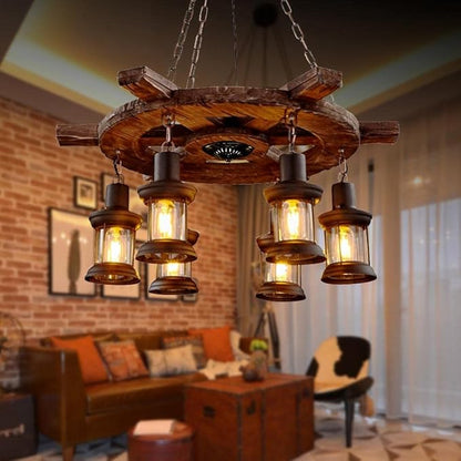 A Million Vintage Industrial Chandelier with Rudder Design, Rustic Wood Grain Color 6 E26 Socket Adjustable Hanging Chain Rustic Pendant Lighting