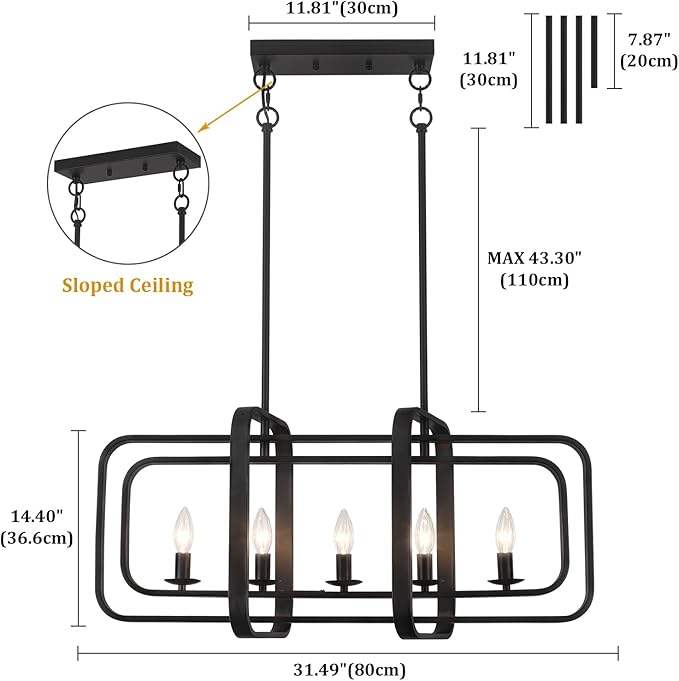 TOULMJ 5-Light Dining Room Light Fixture, 31.5" Black Farmhouse Kitchen Island Lighting Modern Linear Chandeliers for Dining Room Kitchen Island with Adjustable Rods