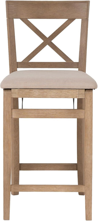 Linon Triena X Back Neutral Greywash Wooden Fully Assembled Folding 24 Inch Seat Height Counter Stool with Beige Upholstered Seat
