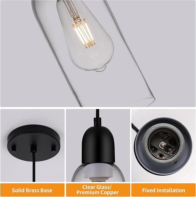 Modern Pendant Lights, Smoked Grey Glass Hanging Lamp with Matte Black Finish, Adjustable 48" Cord Pendant Light Fixtures for Kitchen Island Sink Bar Dining Room Farmhouse, E26 Base