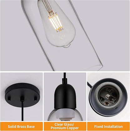 Modern Pendant Lights, Smoked Grey Glass Hanging Lamp with Matte Black Finish, Adjustable 48" Cord Pendant Light Fixtures for Kitchen Island Sink Bar Dining Room Farmhouse, E26 Base