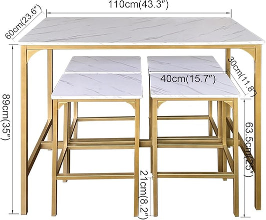 AT-VALY 5-Piece Bar Table Set with 4 Stools,Dining Room Table Set,Small Spaces (Gold & White)