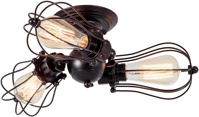 Luling Vintage Ceiling Light Industrial, Chandeliers Adjustable Socket Metal Wire Cage Lamp Semi-Flush Mount Rustic Ceiling Light Metal Lamp Fixtures (No Bulb) (with 3 Light) (Rust Color) (Rust)