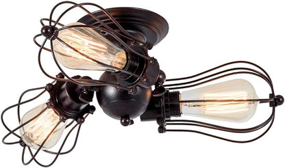 Luling Vintage Ceiling Light Industrial, Chandeliers Adjustable Socket Metal Wire Cage Lamp Semi-Flush Mount Rustic Ceiling Light Metal Lamp Fixtures (No Bulb) (with 3 Light) (Rust Color) (Rust)