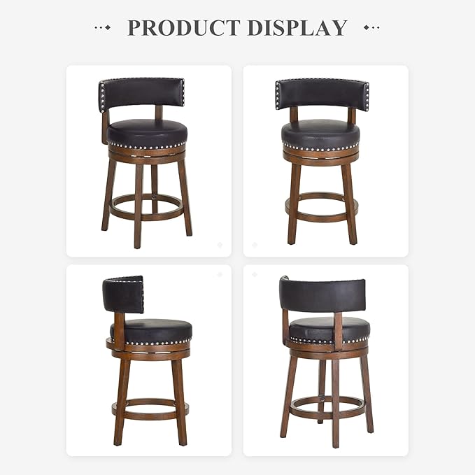 COLAMY Swivel Bar Stools Set of 3, Swivel Counter Height Barstools, 25 Inch Upholstered Barstools for Kitchen Island Dining Room Bar, Dark Brown