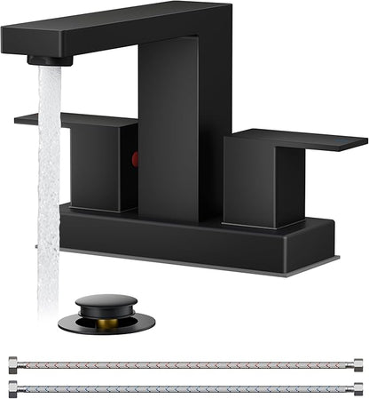 QFN 4 Inch Centerset Bathroom Faucets, Matte Black 2 or 3 Hole Square Bathroom Sink Faucet with Pop-Up Drain and cUPC Supply Line, 2 Handles Suitable for Bath Sink, Vanity, Restroom