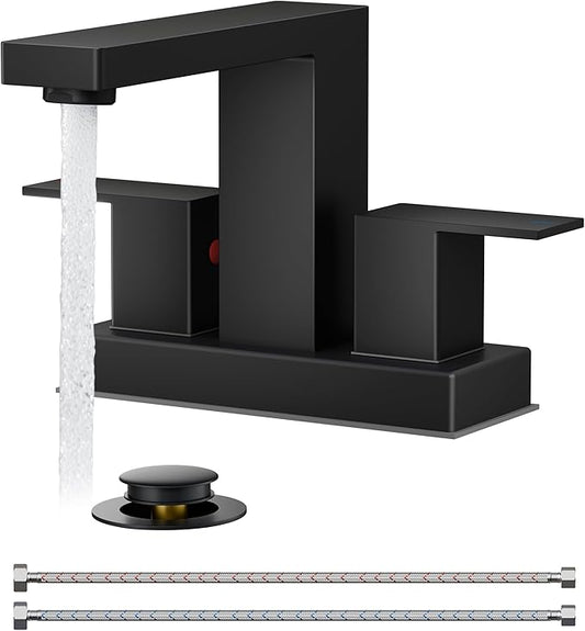 QFN 4 Inch Centerset Bathroom Faucets, Matte Black 2 or 3 Hole Square Bathroom Sink Faucet with Pop-Up Drain and cUPC Supply Line, 2 Handles Suitable for Bath Sink, Vanity, Restroom