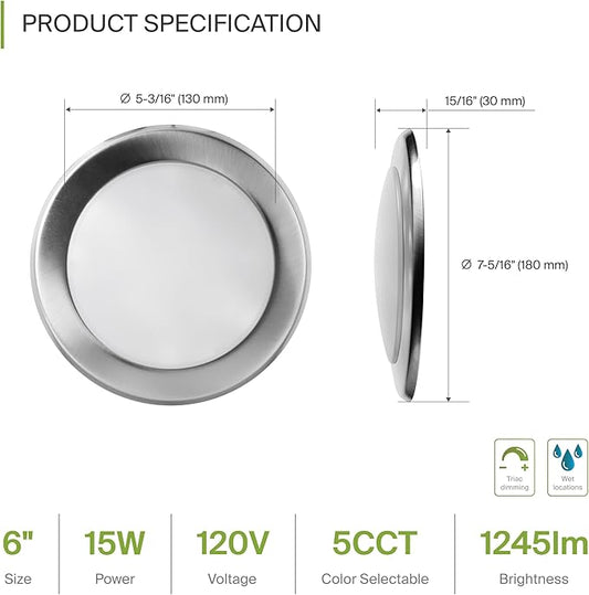 ASD 1 Pack LED Disk Lights 6 Inch, 15W 5CCT 2700K-5000K 1245LM CRI90+, Dimmable Flush Mount Ceiling Light Fixture, Low Profile Surface Mount Disc Lights, Junction Box or Recessed Can Install, UL