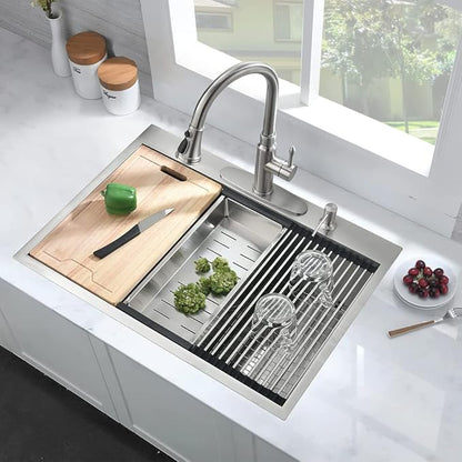 30 Inch Drop In Kitchen Sink, 30x22 Single Bowl Stainless Steel Kitchen Sink Drop in Workstation 16 Gauge Handmade with Cutting Board