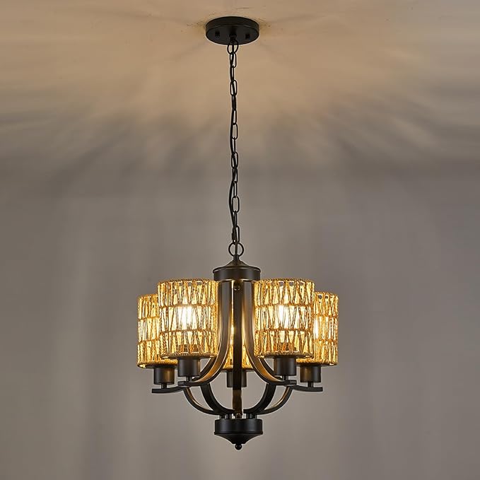 5-Light Dining Room Chandelier,Modern Small Rattan Chandeliers Black Rustic Metal Farmhouse High Ceiling Pendant Light Fixtures for Living Room,Kitchen,Foyer,Bedroom