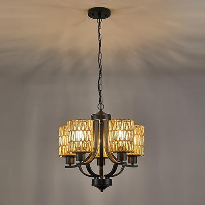 5-Light Dining Room Chandelier,Modern Small Rattan Chandeliers Black Rustic Metal Farmhouse High Ceiling Pendant Light Fixtures for Living Room,Kitchen,Foyer,Bedroom
