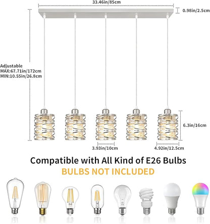 Brushed Nickel Pendant Lights for Kitchen Island, 5-Light Chandelier for Dining Room, Hanging Linear Chandeliers, Modern Dining Room Light Fixtures Pendant Light with Clear Glass Shades