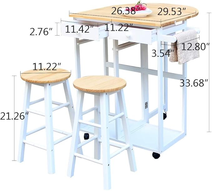 FCH Folding Dining Table and Chair Set, Solid Wood Drop Leaf Breakfast Cart Table Set Kitchen Trolley Island Cart with 2 Round Stools and 2 Drawers for 2