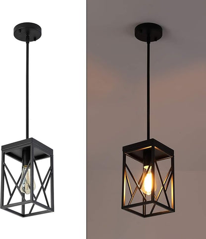 Modern Black Pendant Light with Metal Cage, One-Light Adjustable Rods Industrial Mini Pendant Lighting Fixture for Kitchen Island Cafe Bar Farmhouse, Black