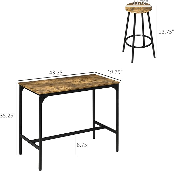 5-Piece Counter Height Bar Table and Chairs Set – Industrial Rustic Brown Wood & Black Metal Frame Dining Furniture for 4 – Space-Saving Kitchen Island with Stools