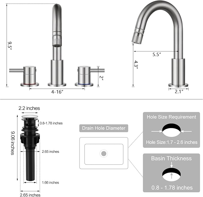 FGKQ Brushed Nickel Bathroom Faucet 3 Hole with Pull Down Sprayer 2 Modes, Pull Down Bathroom Sink Faucet with Pop Up Drain, 8 Inch Widespread Bathroom Faucet