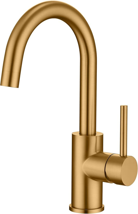 Brass Bar Faucet Single Hole, Brushed Brass Kitchen Sink Faucets, Single Handle Brush Gold Modern Wet Bar Sink Faucets, Stainless Steel Mixer Basin Taps, WI608BTG