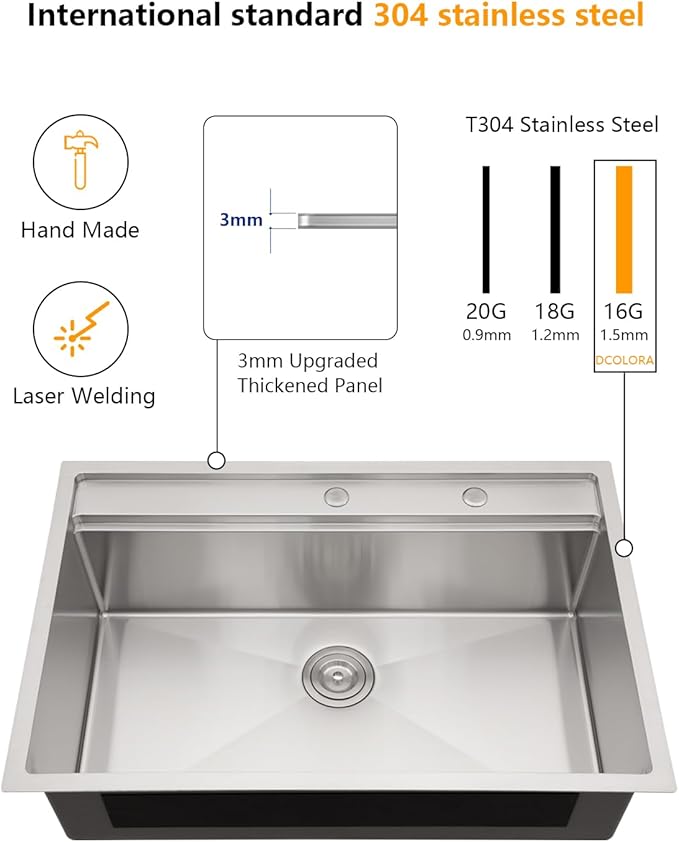 Dcolora 33x22 Drop In Kitchen Sink Splash Guard Stainless Steel Single Bowl Topmount Workstation Sinks, Round Corner 33"x22"x10", DC-T7757
