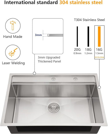 Dcolora 33x22 Drop In Kitchen Sink Splash Guard Stainless Steel Single Bowl Topmount Workstation Sinks, Round Corner 33"x22"x10", DC-T7757