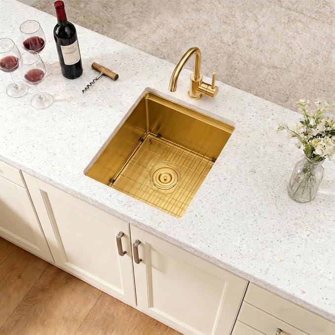 Gold Bar Sink, 16 Gauge T-304 Stainless Steel Undermount Kitchen Sink, 15 Inch Small Kitchen Sink with Accessories, 15" x 17" x 10" Single Bowl Workstation Sink For Wet Bar, Outdoor, RV