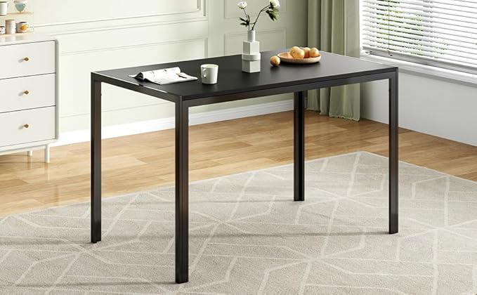 47" MDF & Metal Frame Island Table, Rustic Dining Table with Smooth Finish, Farmhouse Dining Table with 4-6 Person Capacity for Home Kitchen, Office, Black