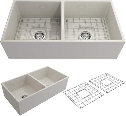 BOCCHI Contempo Farmhouse Apron Front Fireclay 36 in. Double Bowl Kitchen Sink with Protective Bottom Grid and Strainer in Biscuit