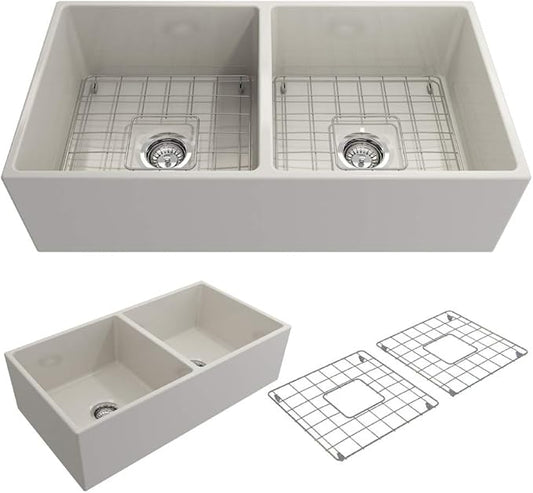 BOCCHI Contempo Farmhouse Apron Front Fireclay 36 in. Double Bowl Kitchen Sink with Protective Bottom Grid and Strainer in Biscuit