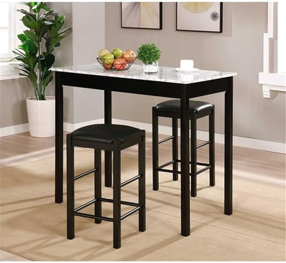 Riverbay Furniture Three Piece Wood Faux Marble Tavern Kitchen Dining Breakfast Table Set with 2 Stools in Black