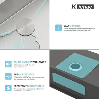 Kichae Kitchen Sink Undermount - 28 Inch Undermount Sink Single Bowl 16 Gauge Stainless Steel Kitchen Sinks Round Corner Basin