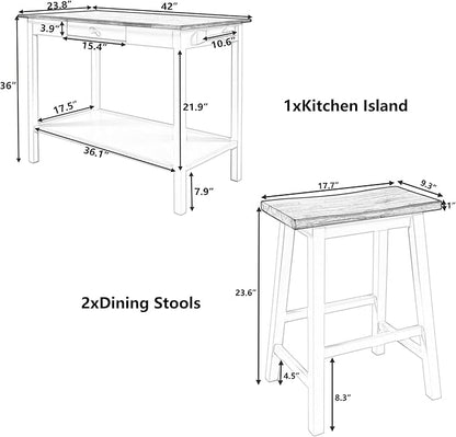 Dining Table Set, 3-Piece 42" Rubber Wood Kitchen Island Set, Dining Table with Drawer/Towel Rack/2 Stools, Suitable for Small Place (Walnut+Cream+3-Piece)