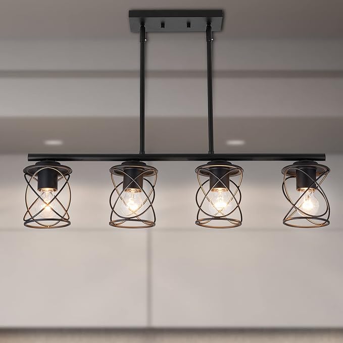 mavcadonf 4-Light UL Certified Farmhouse Linear Pendant Light, Black Metal Adjustable Kitchen Island Light with Sloped Ceiling Compatible, Hanging Light for Dining Room Living Room Foyer