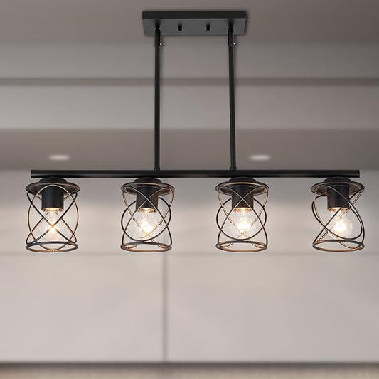 mavcadonf 4-Light UL Certified Farmhouse Linear Pendant Light, Black Metal Adjustable Kitchen Island Light with Sloped Ceiling Compatible, Hanging Light for Dining Room Living Room Foyer