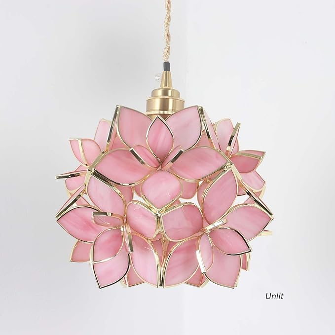 Bieye L10913 Petals Tiffany Style Stained Glass Ceiling Pendant Light with 8-inch Wide Lampshade (Pink, 8" Rose Lily)