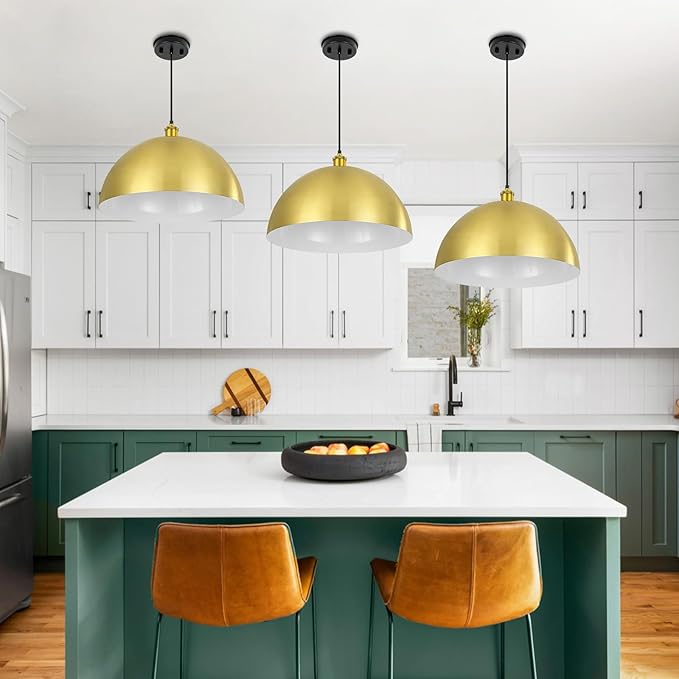 Gold Pendant Light, 20" Farmhouse Ceiling Light with Gold and White, Elegant Semi-Circular Shade Design, Adjustable Height Industrial Dome Pendant Lights for Kitchen Island, Dining Room