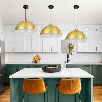 Gold Pendant Light, 20" Farmhouse Ceiling Light with Gold and White, Elegant Semi-Circular Shade Design, Adjustable Height Industrial Dome Pendant Lights for Kitchen Island, Dining Room