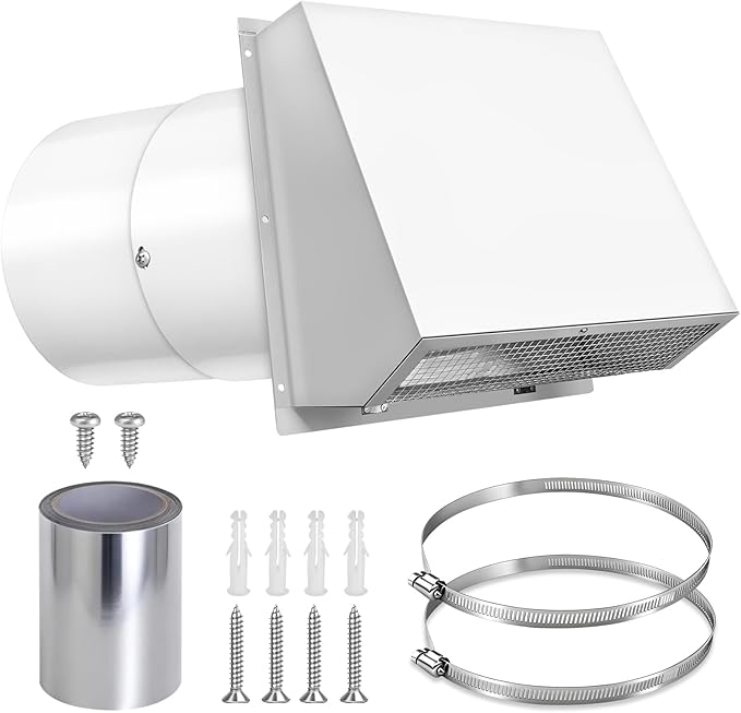 10 Inch Hooded Wall Vent with Screen and Damper, 10 Inch Range Hood Wall Vent Cap, Wall Exhaust Vent Cover, Outdoor Hooded Wall Vent for Dryer Vent, Outside Exterior Mount, Range Hood, Kitchen, White